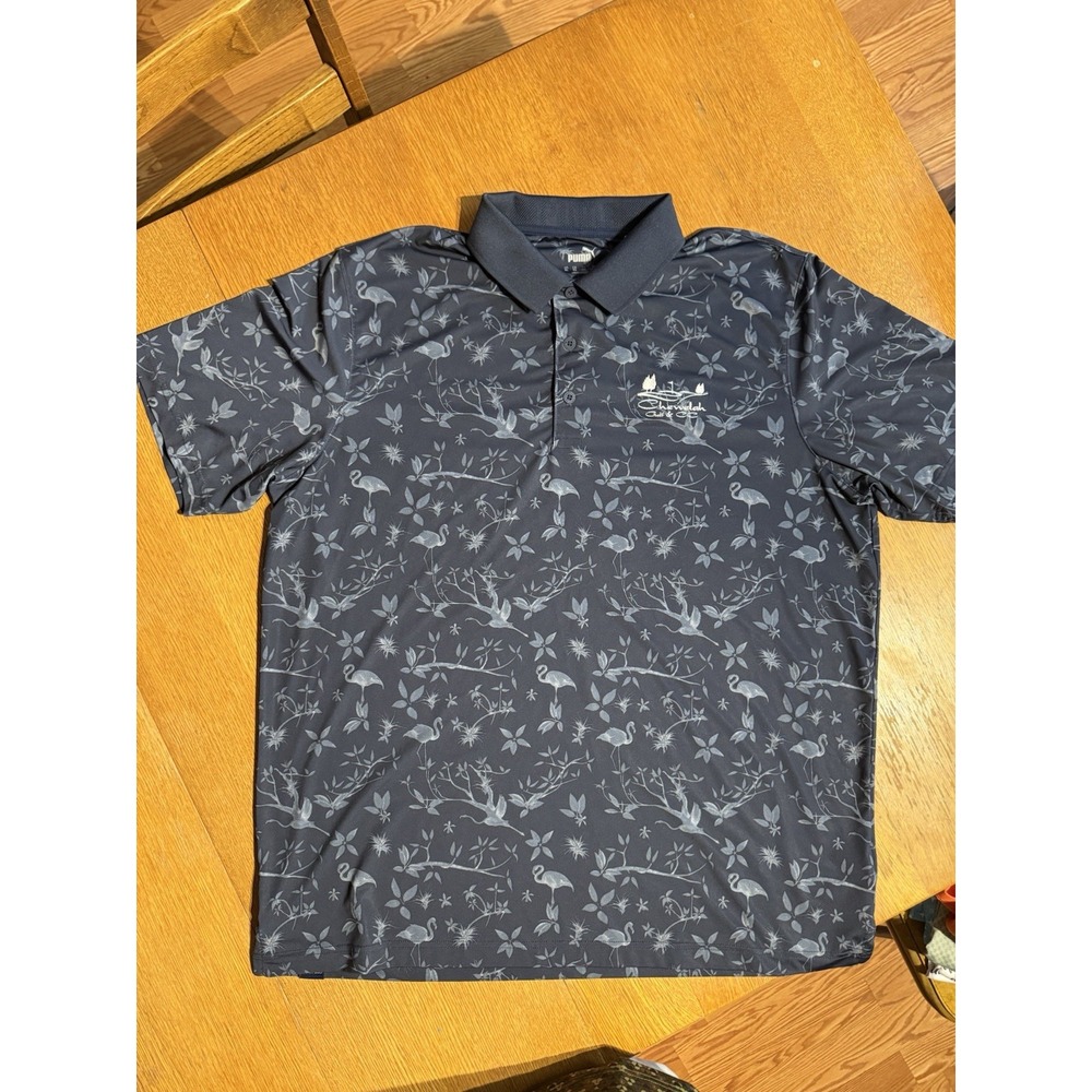 PUMA Golf Polo XL Flamingo Print Navy Stretch Chewelah Club Moisture Wicking